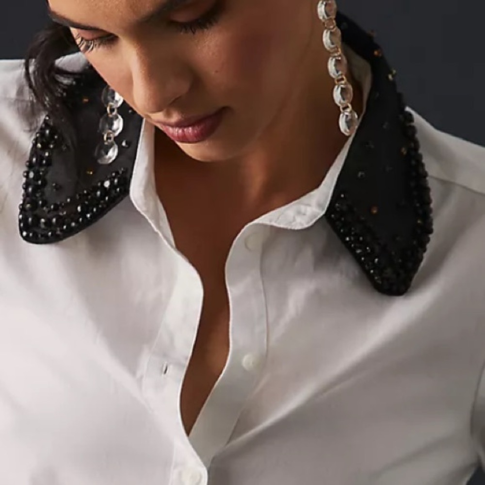 Maeve White Blouse with Black Beaded Collar